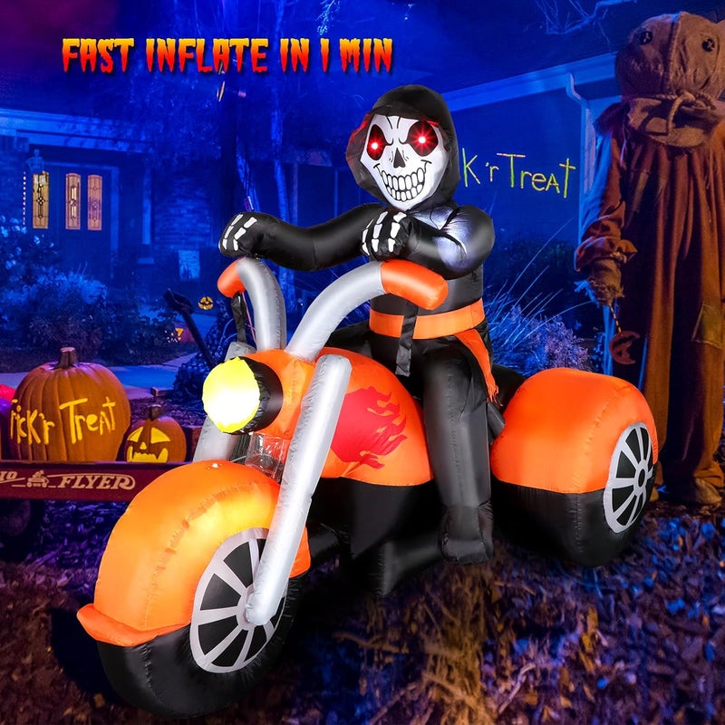 FunFanso 6 FT Halloween Inflatable Skeleton Ghost Riding on Motorcycle Bike, Blow Up Outdoor Decoration Clearance with Built-in LED Lights for Yard Garden Lawn Home Party Decorations - Image 4